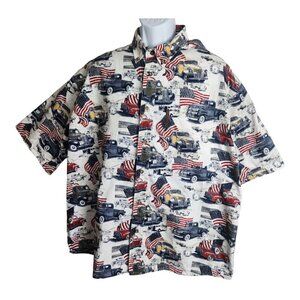 Vintage Style ClearWater Outfitters XXL Button-Down Shirt Patriotic Cars Flags